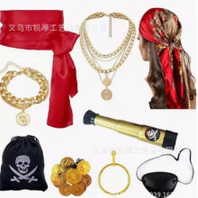 (Set 17) Halloween-piratkostymset: Ögonmask med hänge, huvudduk, örhängen, Captain Jack-armband och dödskalletillbehör