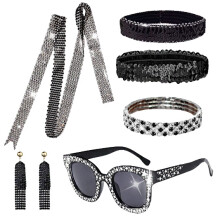 (Set 12) Set di gioielli da discoteca anni '70: orecchini, collana e bracciale in metallo con paillettes per donna.