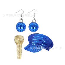 (Set 29) Set di gioielli da discoteca anni '70: orecchini, collana e bracciale in metallo con paillettes per donna.