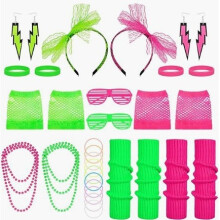 (Fuchsia + Fluorescent Green, C) Ball Party Neon Lace Bow Headband Earrings Fishnet Gloves Lightning Set