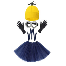 (Dark blue) Halloween Minion Knit Hat, Gloves, Goggles, Tulle Skirt & Strap Set for Adult Costume