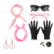(Set 17) Vintage Ball Party Polka Dot Headband Black Cat Glasses Solid Silk Scarf Pearl Necklace Bracelet Earring Set