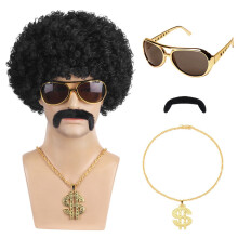 (Pure black four-piece set B) Set hippie retrò per Halloween e Carnevale: parrucca, occhiali, collana e baffi.