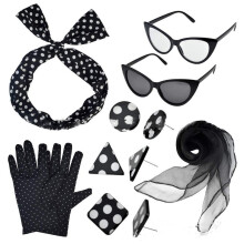 (Set 8) Vintage Ball Party Polka Dot Headband Black Cat Glasses Solid Silk Scarf Pearl Necklace Bracelet Earring Set