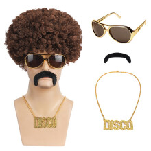 (Dark brown four-piece set) Hippie Retro Halloween Carnival Party Wig, Glasses, Necklace & Mustache Set