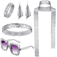 (Set 21) Set di gioielli da discoteca anni '70: orecchini, collana e bracciale in metallo con paillettes per donna.