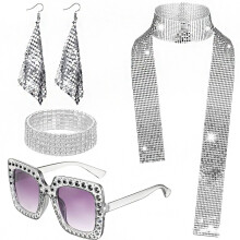 (Set 8) Set di gioielli da discoteca anni '70: orecchini, collana e bracciale in metallo con paillettes per donna.