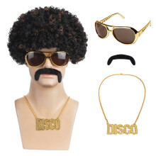 (Black Brown Four-Piece Set) Set hippie retrò per Halloween e Carnevale: parrucca, occhiali, collana e baffi.