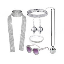 (Set 17) Set di gioielli da discoteca anni '70: orecchini, collana e bracciale in metallo con paillettes per donna.