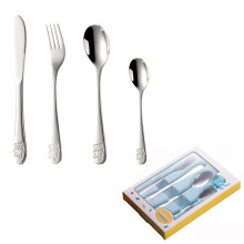 Stainless Steel Kids Cutlery Set - Cartoon Bear Knife, Fork & Spoon, 4-Piece for Kindergarten
