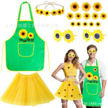 (Set 1) Set da ballo di Halloween con girasoli: grembiule, occhiali, corona e gonna di tulle gialla.