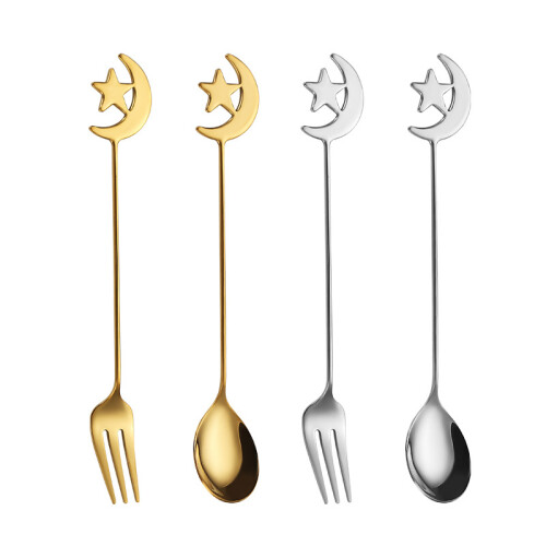 Stainless Steel Star Moon Spoon Fork Set 4-Piece Creative Coffee Stirring Dessert Fruit Tableware