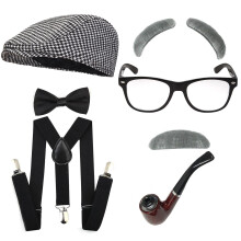(Black and White Plaid Beret Set) Vintage brittisk Gatsby hattset: Gangsterhatt och åttkantig hatt för herrbalfest