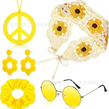 (Yellow) Halloween Hippie Costume Set: Bohemian Knitted Headband, Peace Necklace & Earrings