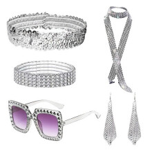 (Set 10) Set di gioielli da discoteca anni '70: orecchini, collana e bracciale in metallo con paillettes per donna.