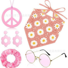 (Pink 2) Halloween Hippie Costume Set: Bohemian Knitted Headband, Peace Necklace & Earrings