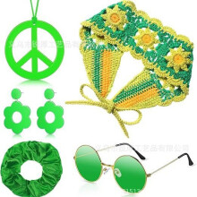 (Green) Halloween-hippiekostymset: Bohemiskt stickat pannband, fredshalsband och örhängen