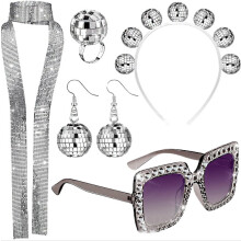 (Set 14) Set di gioielli da discoteca anni '70: orecchini, collana e bracciale in metallo con paillettes per donna.