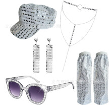 (Set 24) Set di gioielli da discoteca anni '70: orecchini, collana e bracciale in metallo con paillettes per donna.
