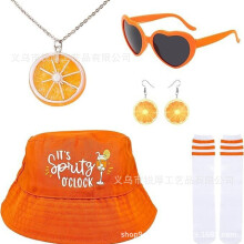 (Set 8) Orange karnevalskjolkostymset med örhängen, halsband, hjärtformade solglasögon och strumpor