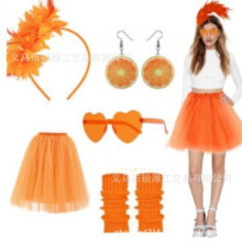 (Set 11) Orange Carnival Skirt Costume Set with Earrings, Necklace, Heart Sunglasses & Socks