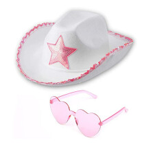(Pentagon Star) Sett med frynser i rosa cowboyhatt med paljetter og briller, Western Crown cowboyhatt