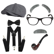 (Gray Beret Set) Set di cappelli vintage in stile Gatsby britannico: cilindro da gangster e cappello ottagonale per feste da ballo da uomo.