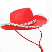 (Red) Silver-Trimmed Pink Cowboy Hat for Masquerade, Western Crown Style