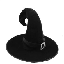 (Black Ribbon) Halloweenfestbollsrekvisita: Böjd svart sammetshäxhatt, magisk häxhatt