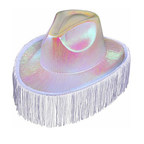 (White) Cappello da cowboy western con nappe colorate e tesa rosa fluorescente per feste.