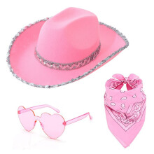 (Pink) Rosa paljettcowboyhattset med svart/vit/röd hatt, glasögon och halsduk