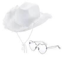 (White) Sett med frynser i rosa cowboyhatt med paljetter og briller, Western Crown cowboyhatt