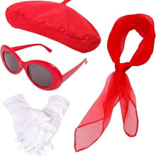 (Red) 5-delat franskrött set med accessoarer för flickor: halsduk, handskar, mössa, solglasögon