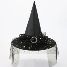 (Gold Star Net Tulle) Halloween Witch Hat Lace Face Cover Mysterious Wizard Costume Polyester Taffeta
