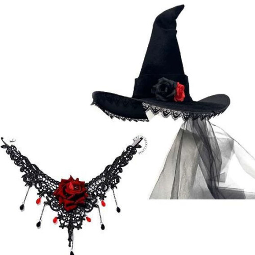 (Set Three) Halloween Gothic Witch Hat Tulle Lace Stage Performance Rose Necklace