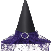 (Purple) Kapelusz czarownicy na Halloween, koronkowa osłona twarzy, tajemniczy kostium czarodzieja, poliester, tafta