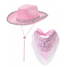 (Pink Double-Layer Silver Trim) Dobbeltlags paljett cowboyhatt 2-delt sett, frynseskjerf paisley-kostyme til fest