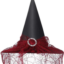 (Red) Kapelusz czarownicy na Halloween, koronkowa osłona twarzy, tajemniczy kostium czarodzieja, poliester, tafta