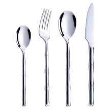 (Silver, 4pcs) Steakmesser-, Gabel- und Löffelset aus goldfarbenem Edelstahl im Bambus-Stil, verdickt