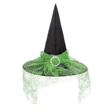 (Green) Kapelusz czarownicy na Halloween, koronkowa osłona twarzy, tajemniczy kostium czarodzieja, poliester, tafta