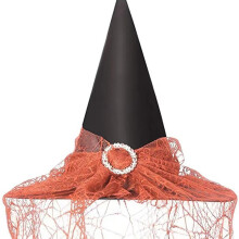 (Orange) Kapelusz czarownicy na Halloween, koronkowa osłona twarzy, tajemniczy kostium czarodzieja, poliester, tafta