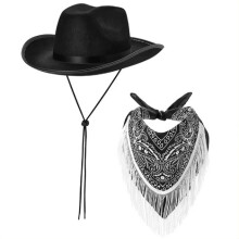 (Black) Cowboyhatt med dubbla lager och paljetter, 2-delat set, franshalsduk med paisleymönster, festkostym