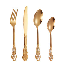(Rose gold, 4pcs) Royal Court Vintage Stainless Steel Cutlery Set – Hollow Carved Steak Knife Fork Spoon