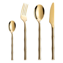 (Gold 4-Piece Set) Besteckset aus goldfarbenem Edelstahl im Bambus-Stil, bestehend aus dickem Steakmesser, Gabel und Löffel