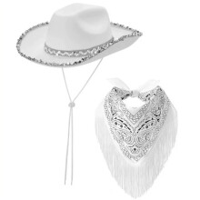 (White Double-Layer Silver Trim) Cowboyhatt med dubbla lager och paljetter, 2-delat set, franshalsduk med paisleymönster, festkostym