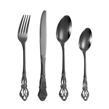 (Black, 4pcs) Royal Court Vintage bestickset i rostfritt stål – ihålig snidad stekkniv, gaffel och sked