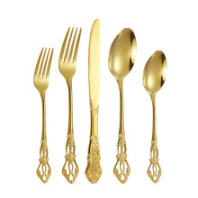(Gold, 5psc) Royal Court Vintage Stainless Steel Cutlery Set – Hollow Carved Steak Knife Fork Spoon