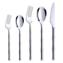 (Silver 5-piece set) Besteckset aus goldfarbenem Edelstahl im Bambus-Stil, bestehend aus dickem Steakmesser, Gabel und Löffel