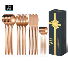 (Rose Gold 24-Piece Set) 24-delars portugisisk stekkniv, gaffel och skedset för västerländsk hotellmat