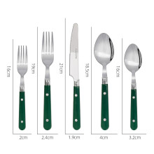 (Green 5-piece set) Vintage stekkniv, gaffel och sked i rostfritt stål med plasthandtag
